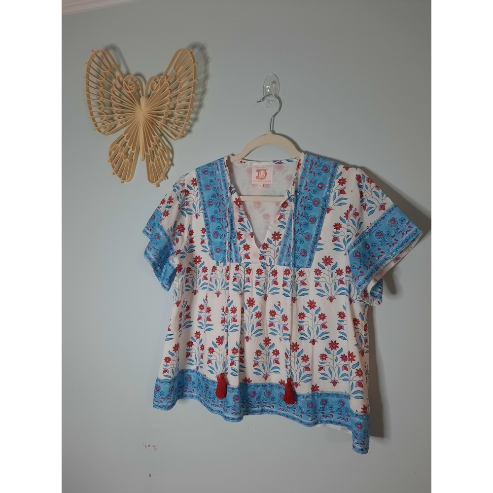 Victoria Dunn Block Print Cotton Blouse Blue Red Floral Tassel Tie Top Large